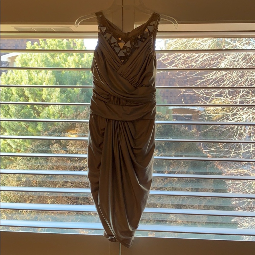 Butterfly hem champagne colored cocktail dress